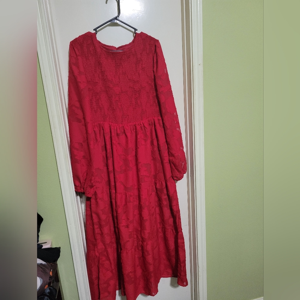 Red Fall Long Sleeve Dress Boho Flower A-Line Ruffle Tiered Flowy Maxi Dresse